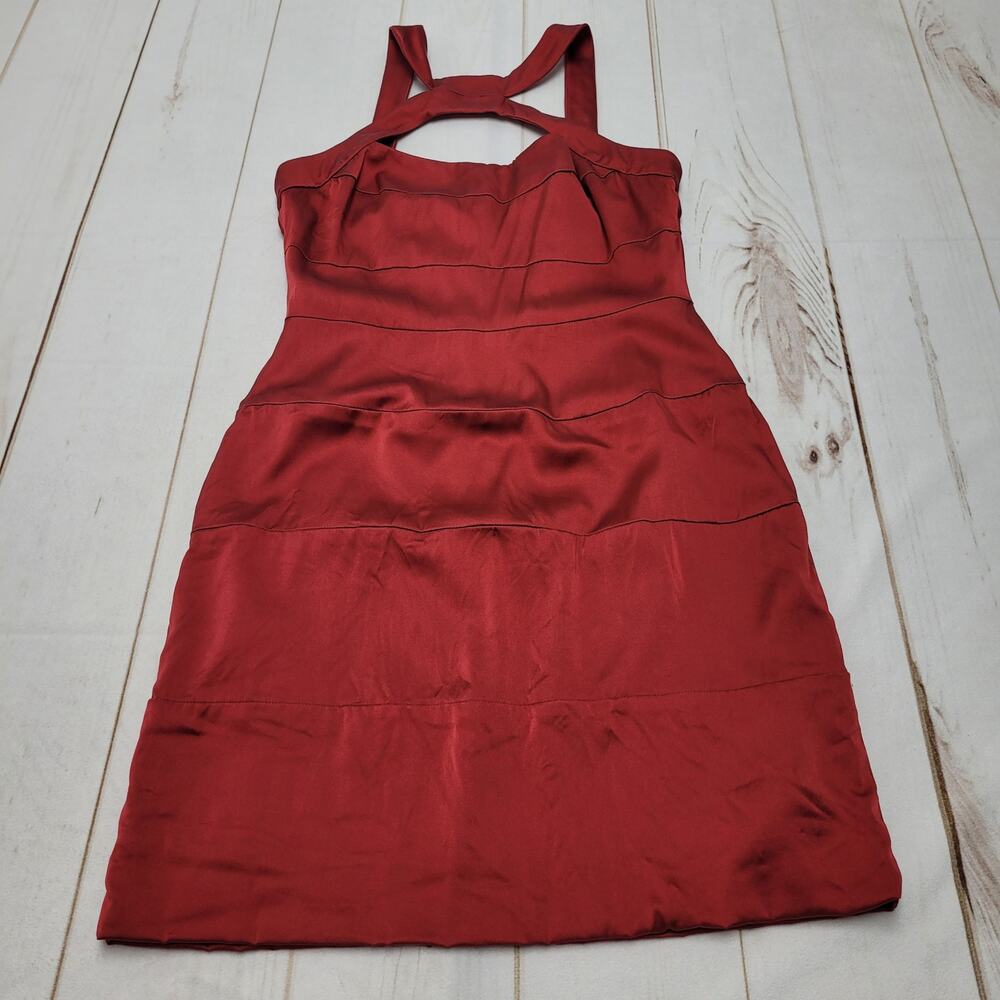 Bcbgmaxazria silk stretch satin red bandage knee length evening dress cocktail